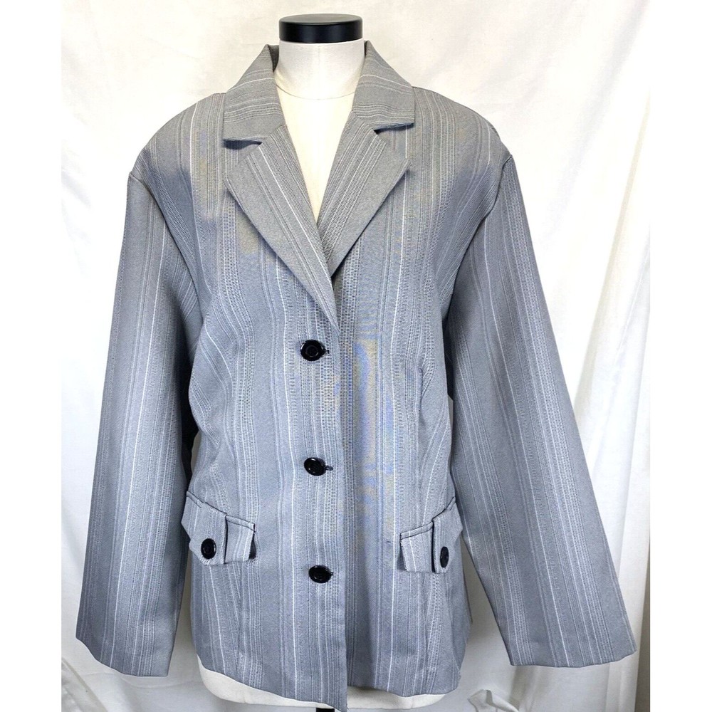 Spago Collection Blazer Women 24W Gray Stripe Wide Lapel Jacket Faux Pockets